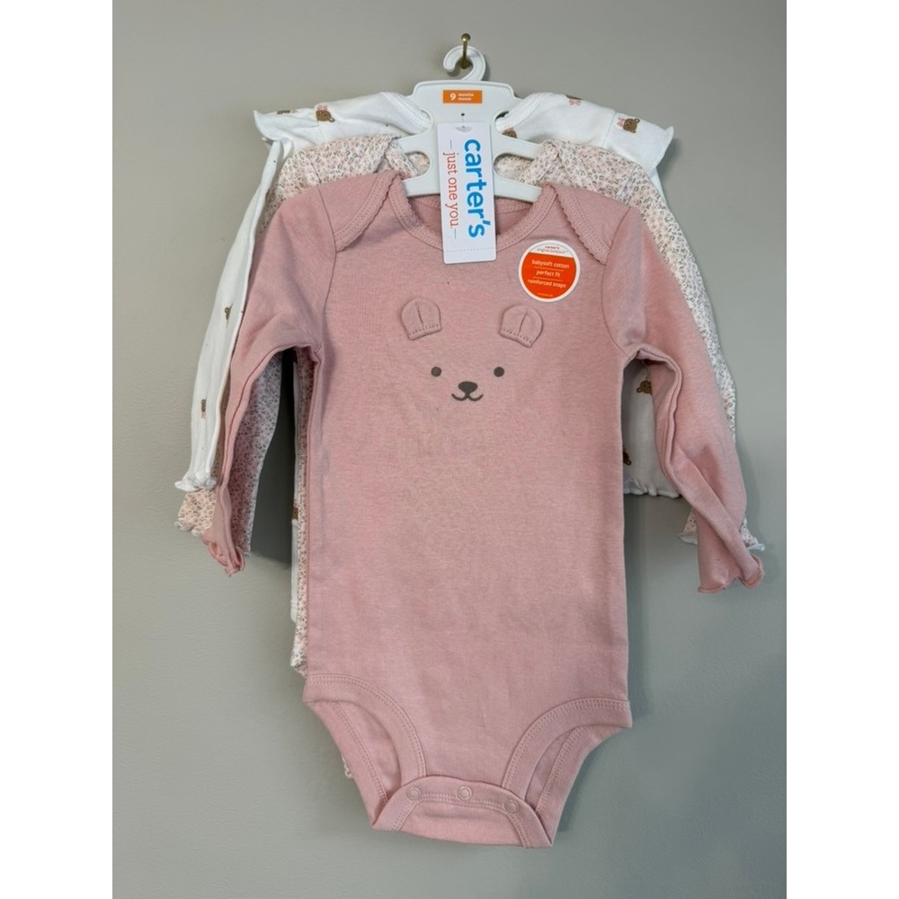 Carter's Bodysuits Baby Girl 9 Months Pink Bear Floral 3-Pack NWT
